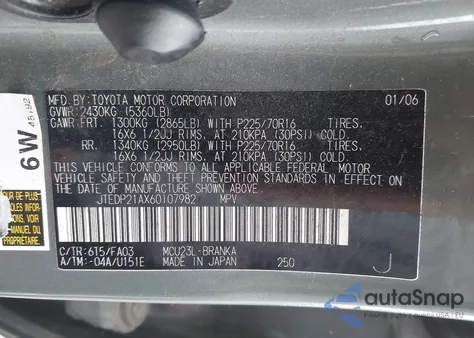 2006 Toyota Highlander V6 из США, поврежденный, VIN JTEDP21AX60107982